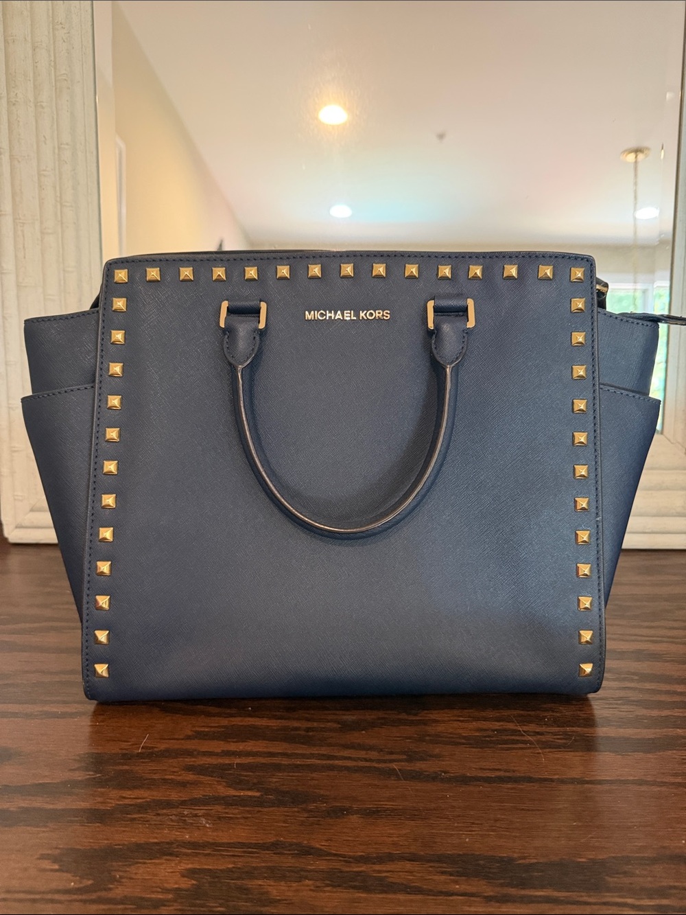 Michael Kors Navy Saffiano Leather Studded Satchel